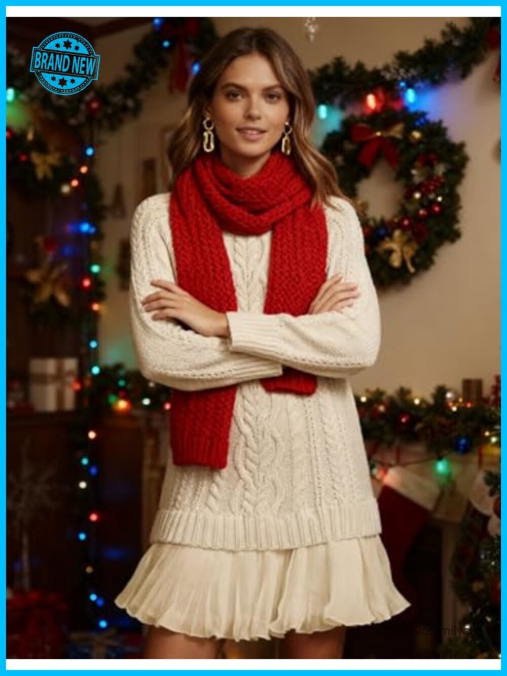 Cable Knit Sweater Mini Dress Crewneck Long Sleeve Pleated Twofer - Picture 5 of 6